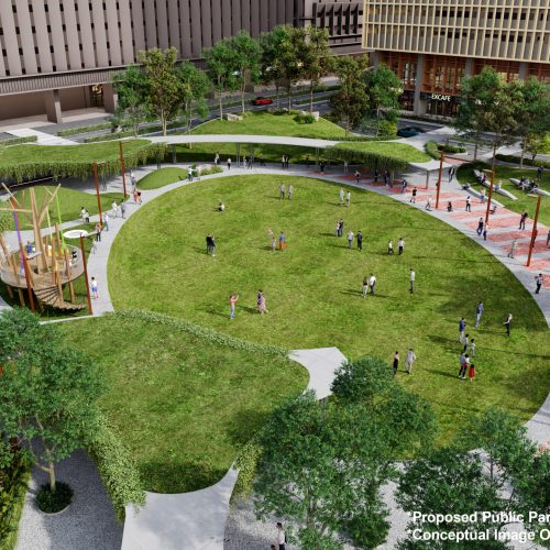 Conceptual masterplan park with circular lawn and pedestrian pathways near The Vividz